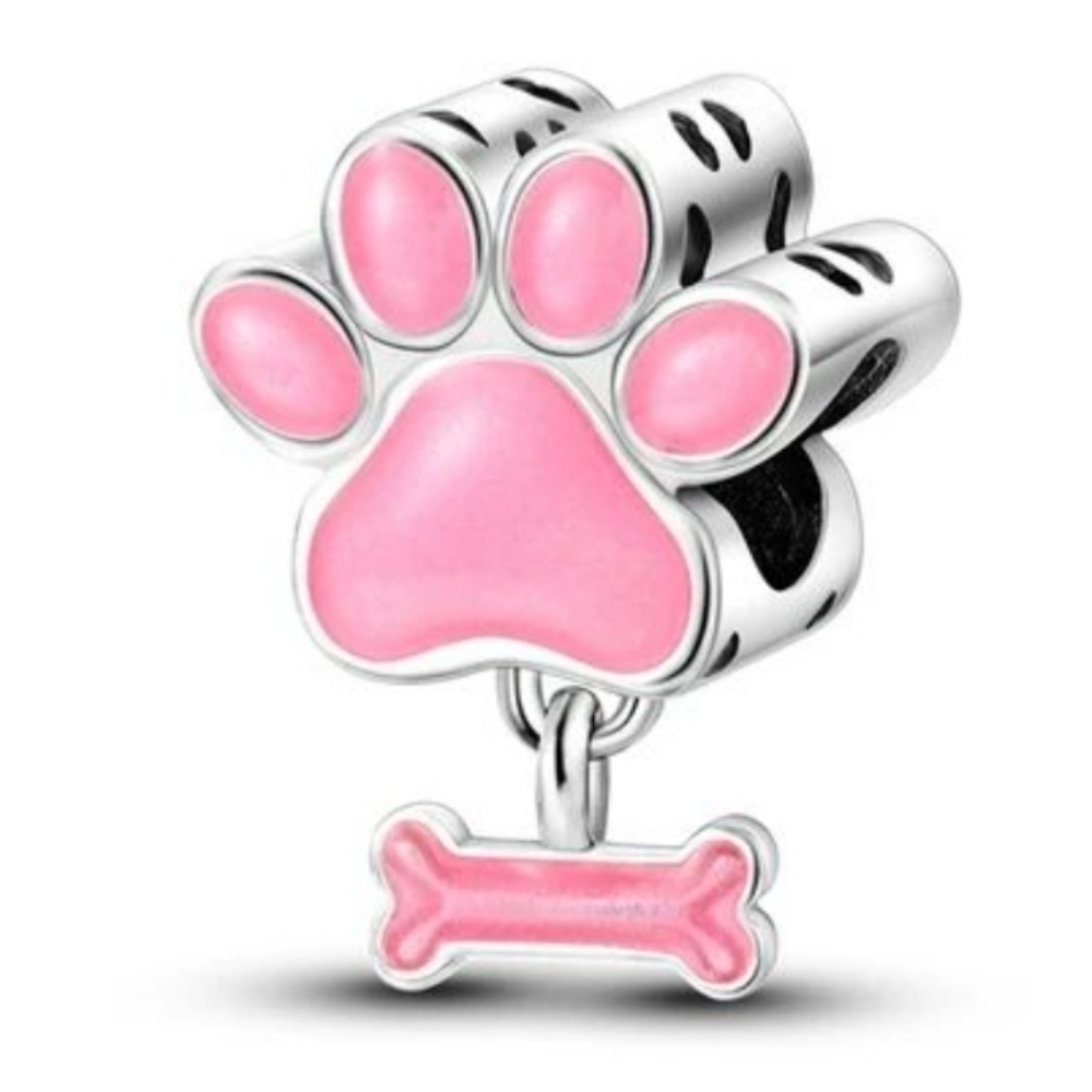 925 Silver Pink Dog Paw with Dangle Bone Charm